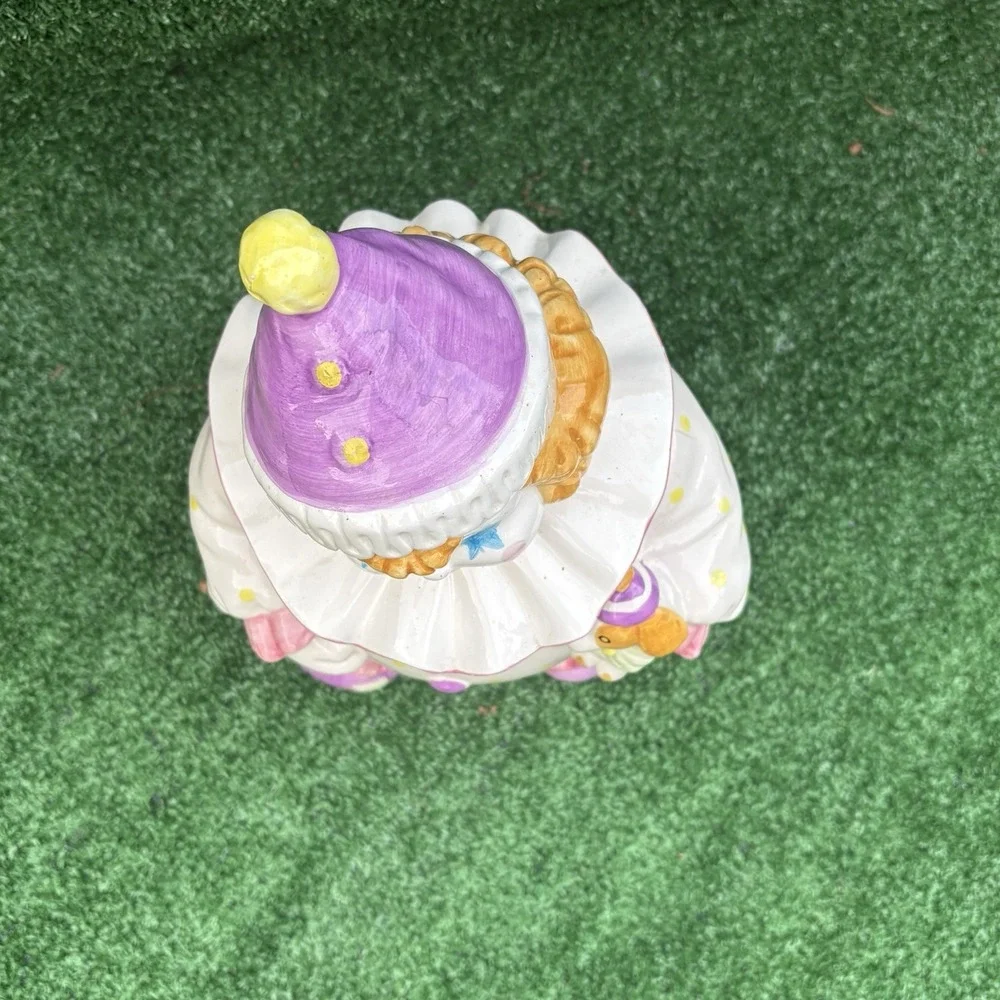 Vintage Starry Eyed Ceramic Clown Cookie Jar with Lid Holding Puppy Dog 13